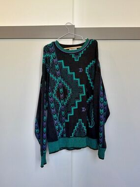 Oversized Geometric Knit Sweater Black Green Purple L
